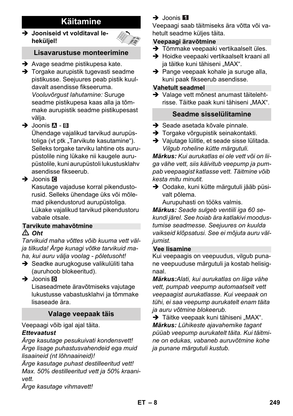 Käitamine | Karcher SC 4-100 C User Manual | Page 249 / 314