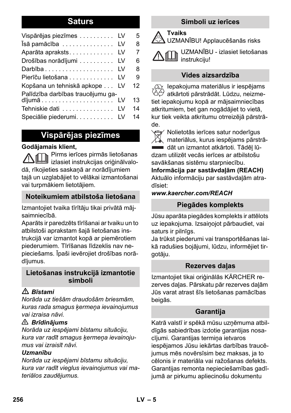 Latviešu, Saturs, Vispārējas piezīmes | Karcher SC 4-100 C User Manual | Page 256 / 314