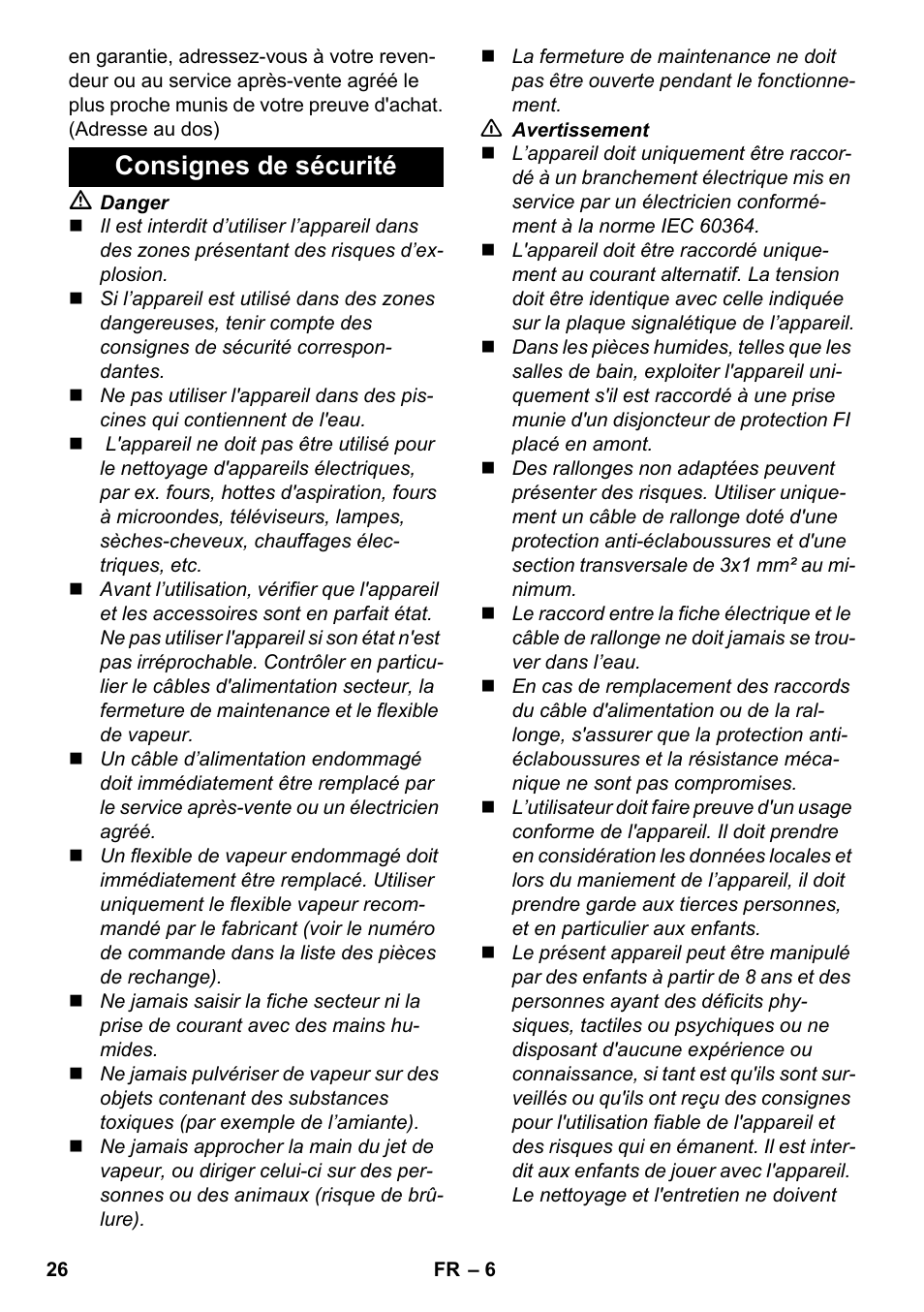 Consignes de sécurité | Karcher SC 4-100 C User Manual | Page 26 / 314