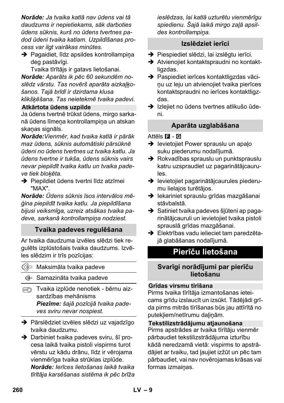 Pierīču lietošana | Karcher SC 4-100 C User Manual | Page 260 / 314