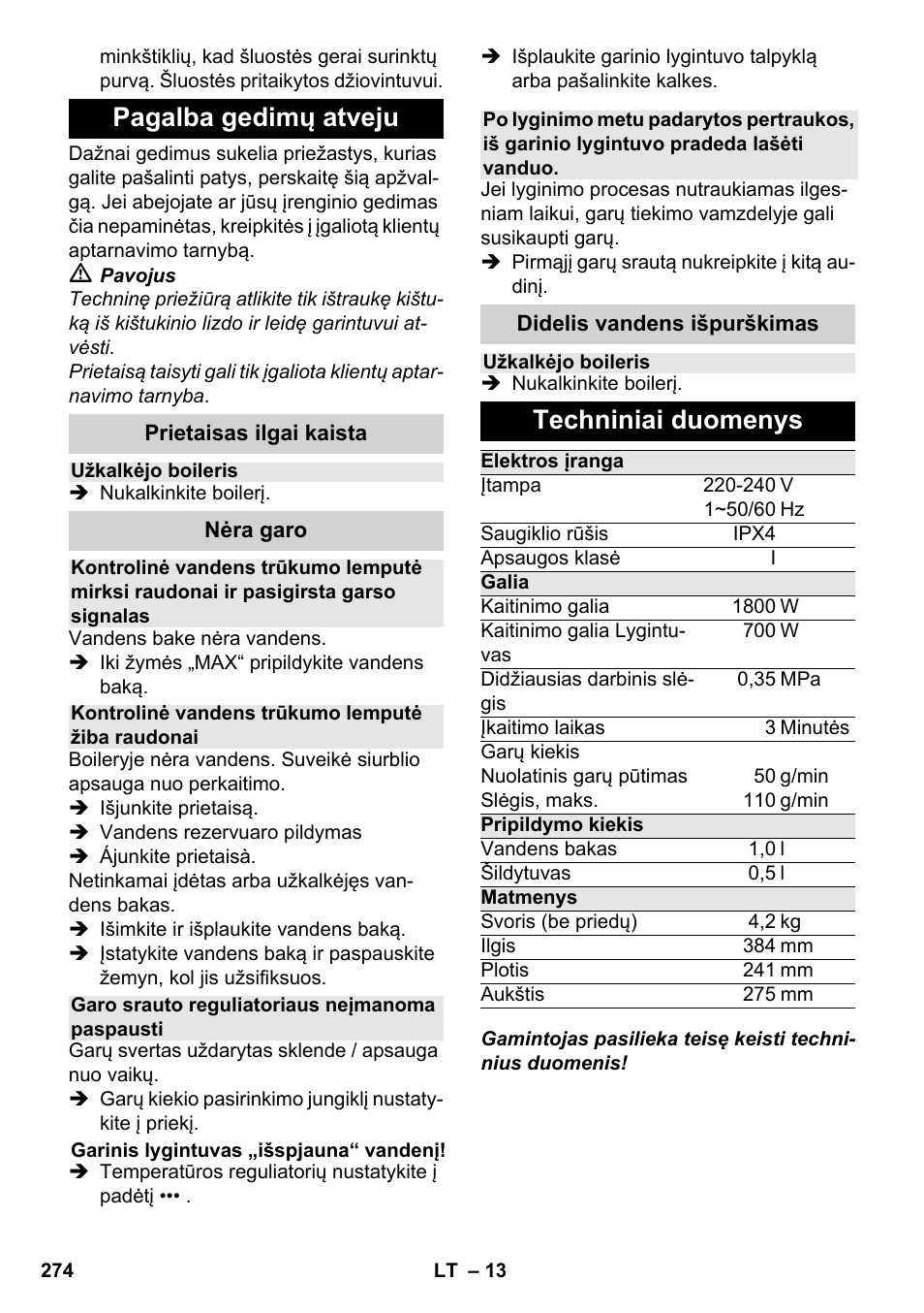 Pagalba gedimų atveju, Techniniai duomenys | Karcher SC 4-100 C User Manual | Page 274 / 314