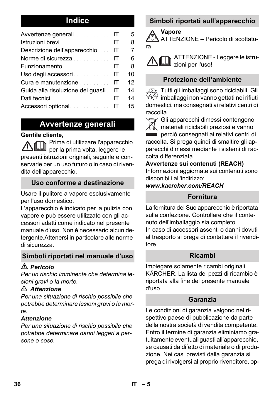 Italiano, Indice, Avvertenze generali | Karcher SC 4-100 C User Manual | Page 36 / 314