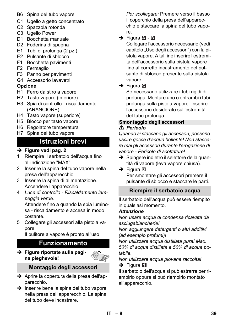 Istruzioni brevi funzionamento | Karcher SC 4-100 C User Manual | Page 39 / 314