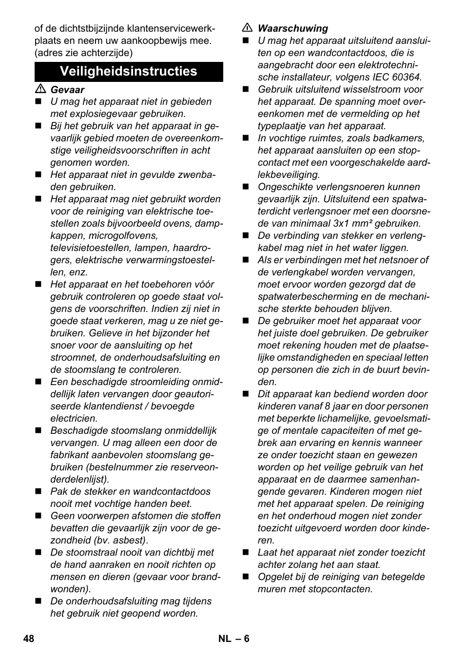 Veiligheidsinstructies | Karcher SC 4-100 C User Manual | Page 48 / 314