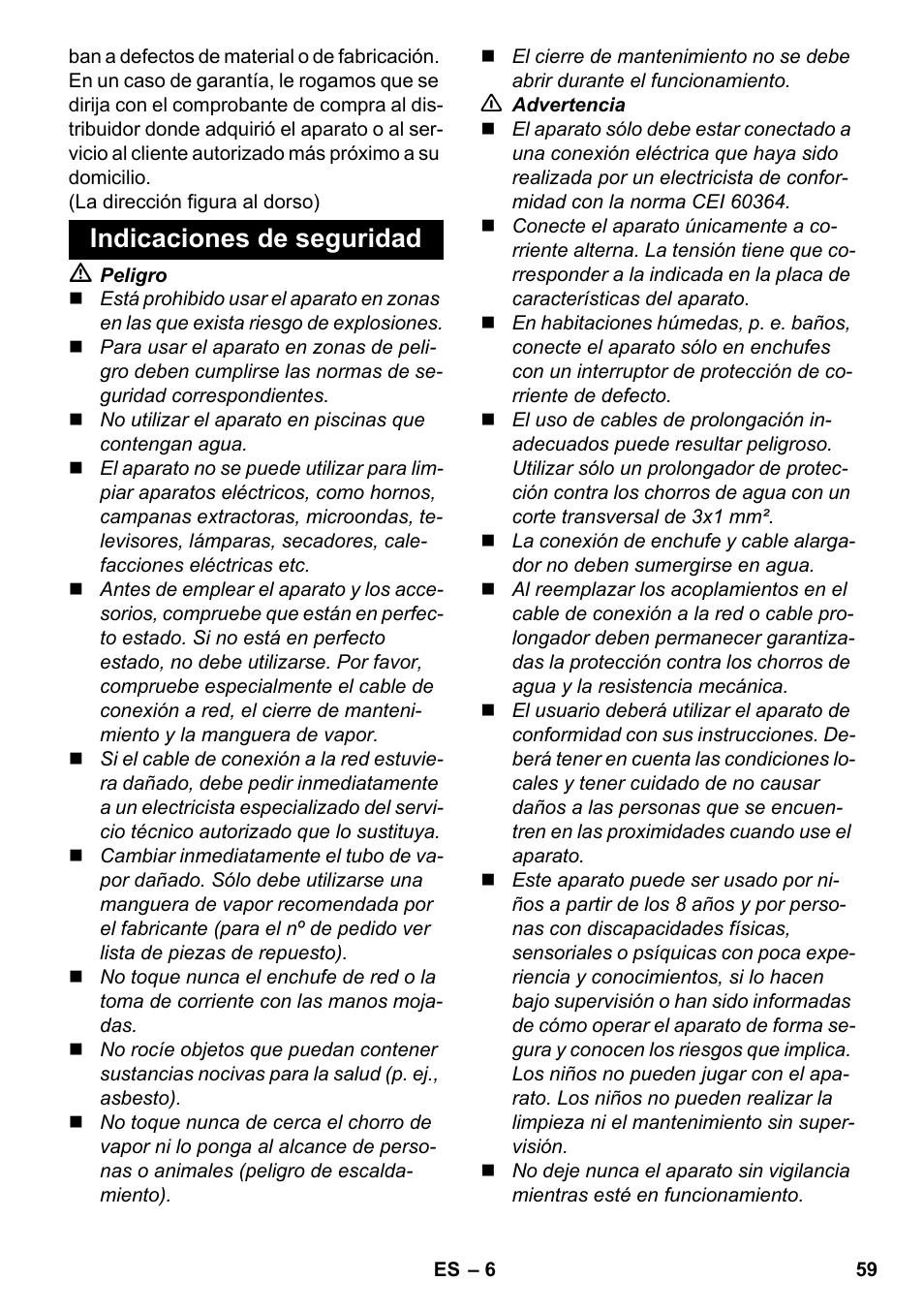 Indicaciones de seguridad | Karcher SC 4-100 C User Manual | Page 59 / 314