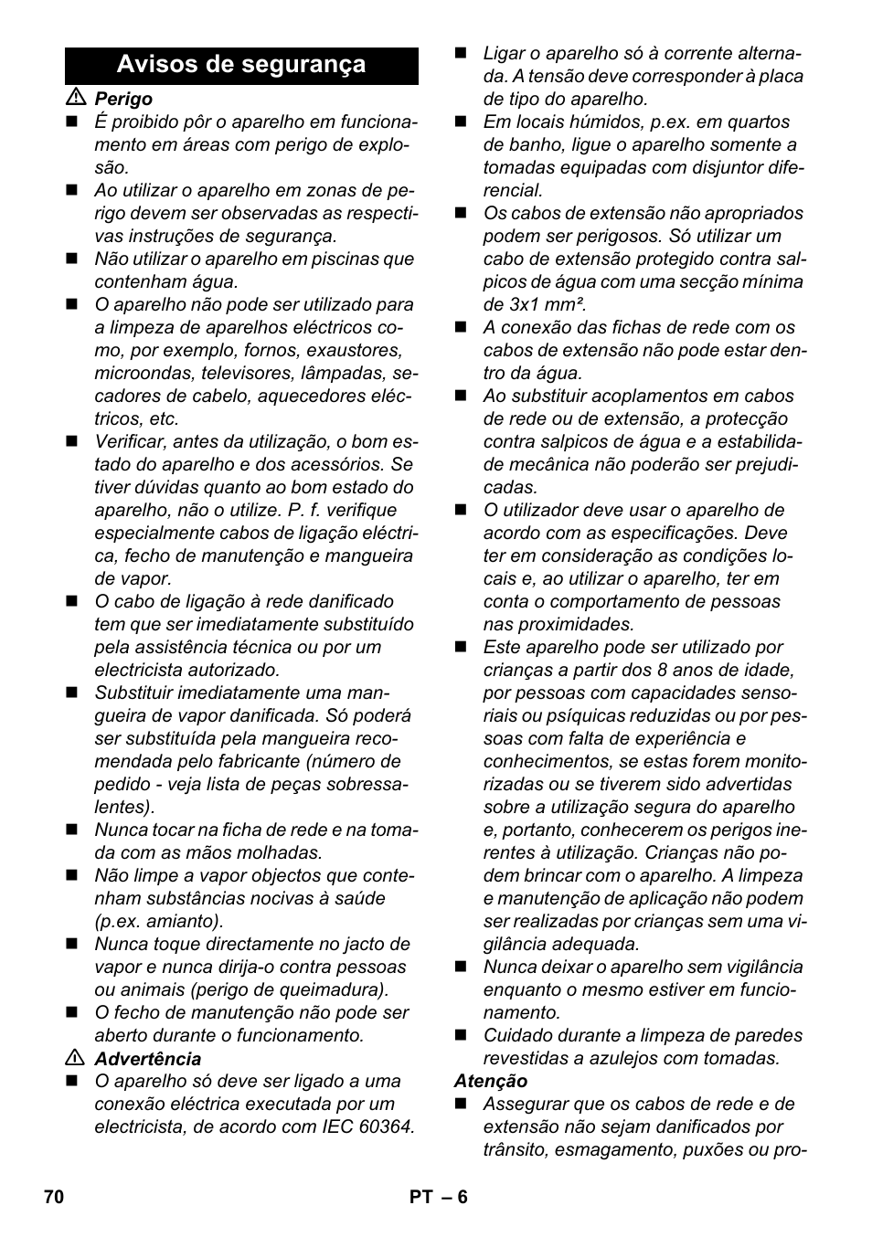 Avisos de segurança | Karcher SC 4-100 C User Manual | Page 70 / 314