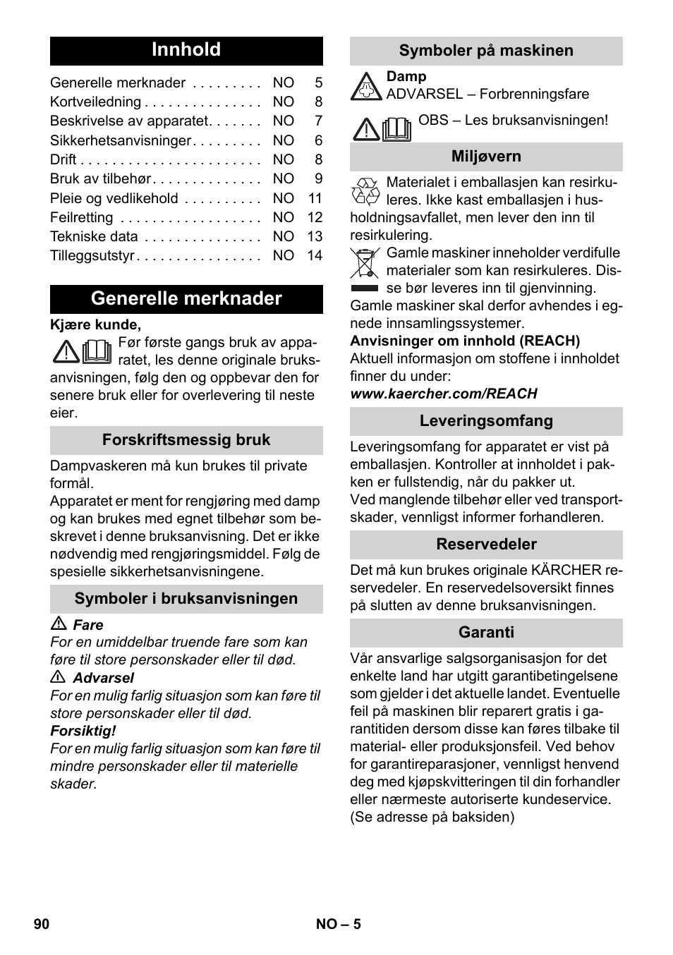 Norsk, Innhold, Generelle merknader | Karcher SC 4-100 C User Manual | Page 90 / 314