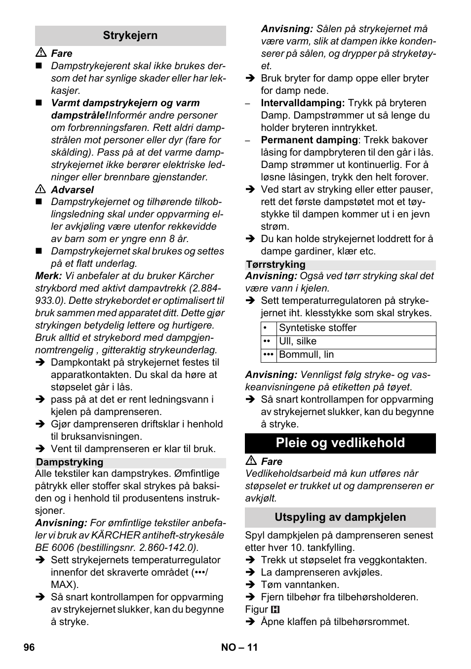 Pleie og vedlikehold | Karcher SC 4-100 C User Manual | Page 96 / 314