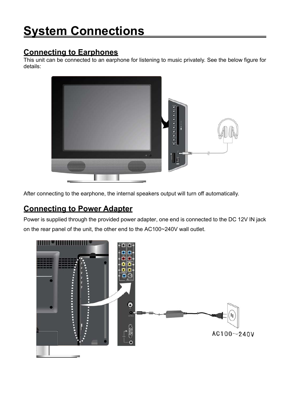 System connections, Connecting to earphones, Connecting to power adapter | Audiovox FPE2006DV User Manual | Page 17 / 44