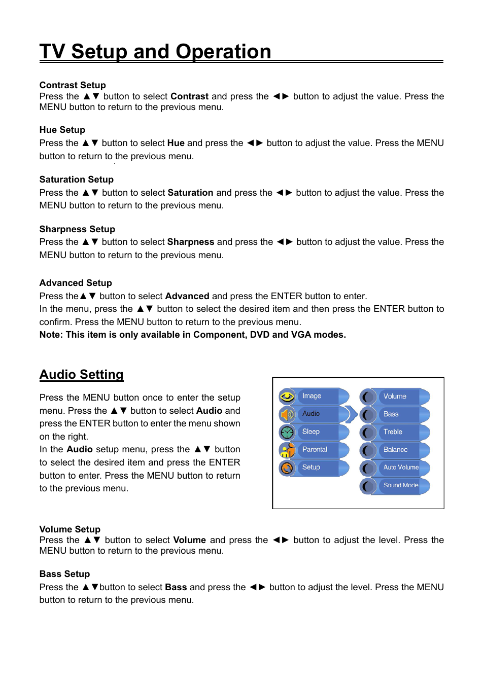 Tv setup and operation, Audio setting | Audiovox FPE2006DV User Manual | Page 20 / 44