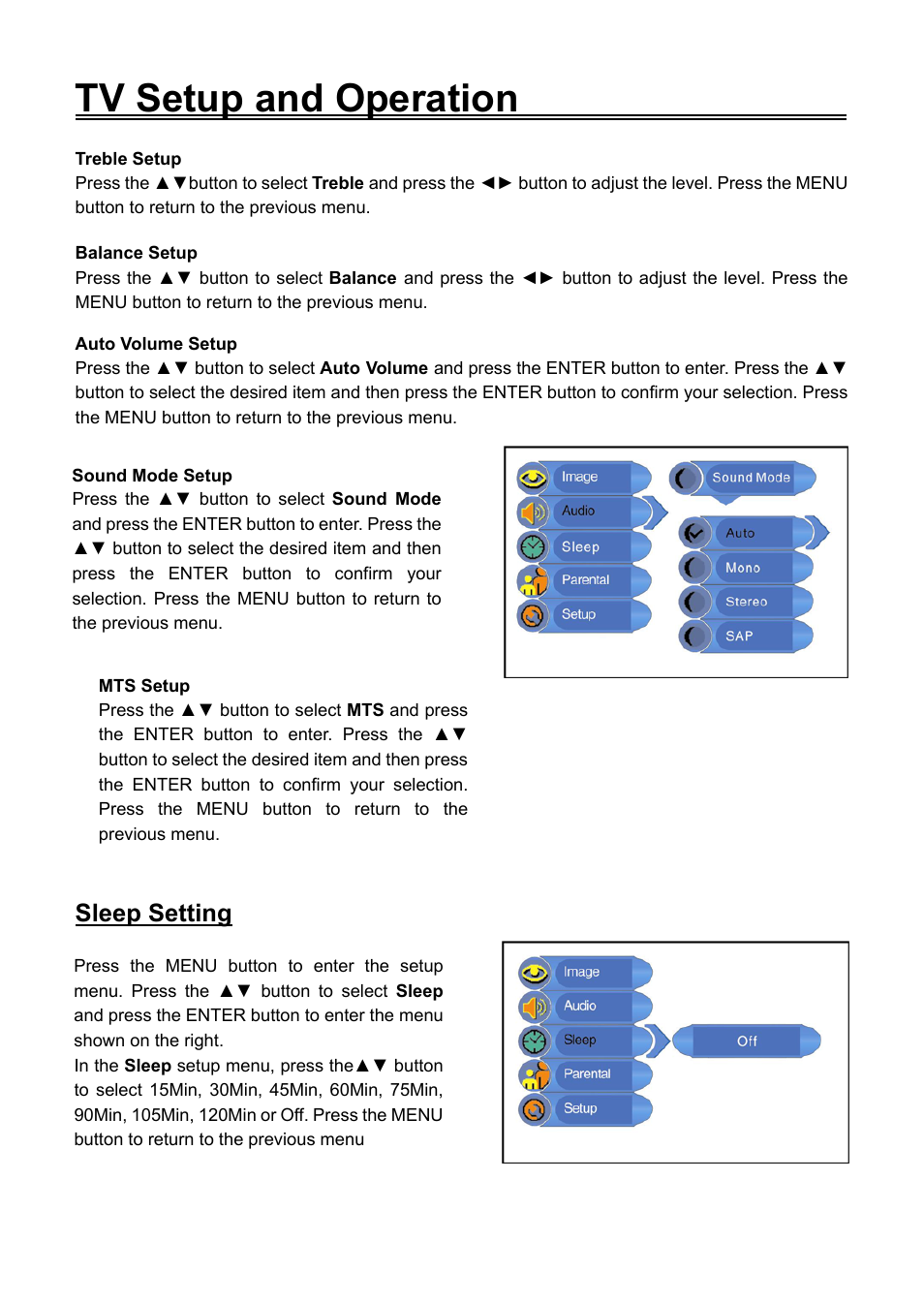 Tv setup and operation, Sleep setting | Audiovox FPE2006DV User Manual | Page 21 / 44