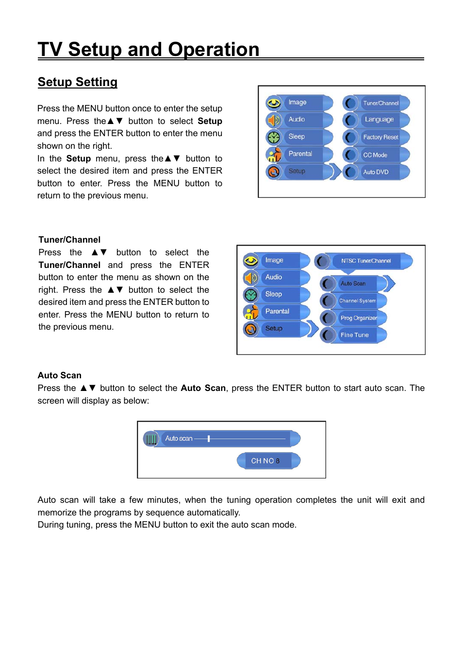 Tv setup and operation, Setup setting | Audiovox FPE2006DV User Manual | Page 25 / 44
