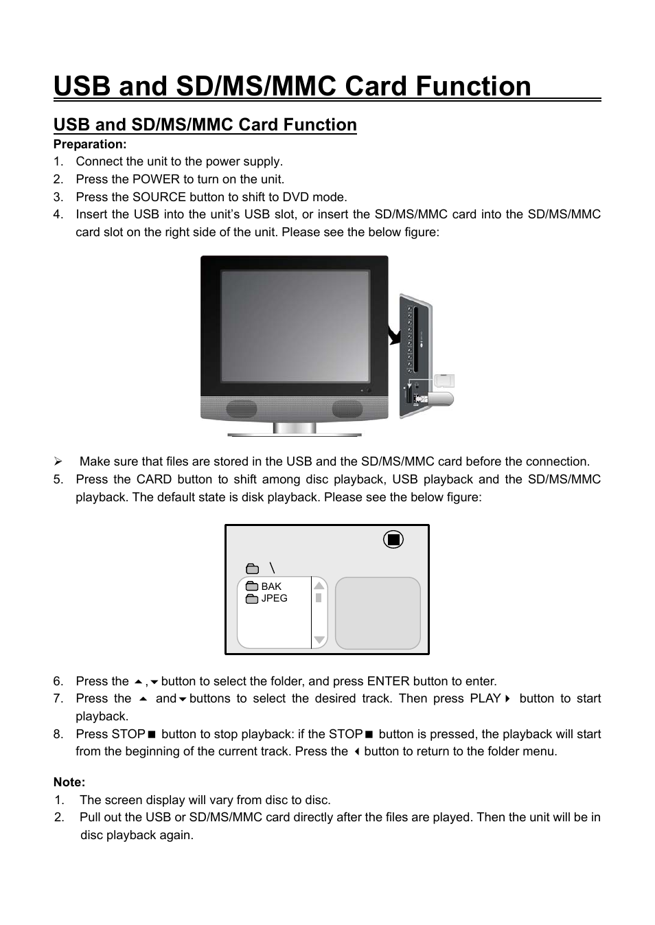 Usb and sd/ms/mmc card function | Audiovox FPE2006DV User Manual | Page 33 / 44