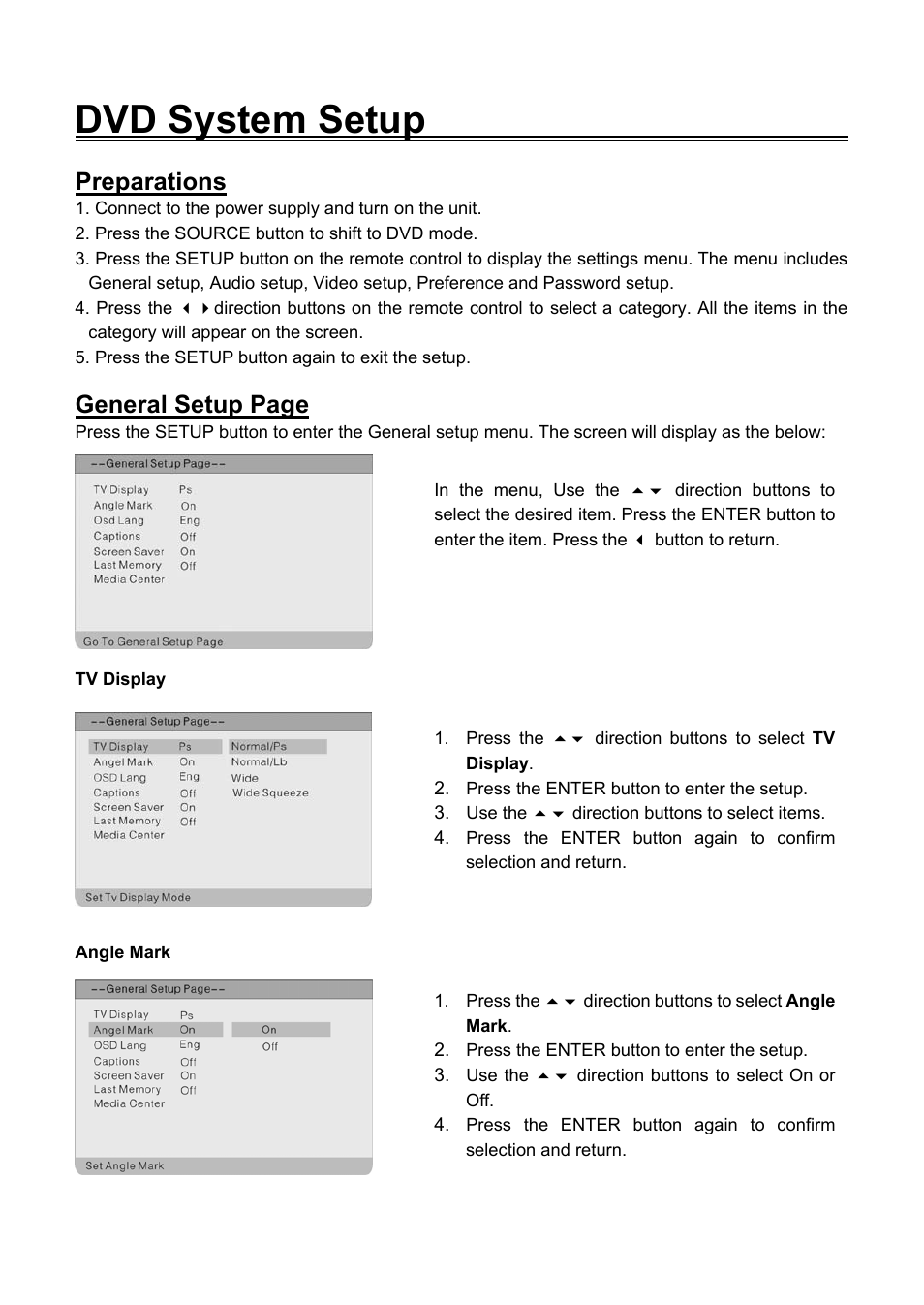 Dvd system setup, Preparations, General setup page | Audiovox FPE2006DV User Manual | Page 34 / 44