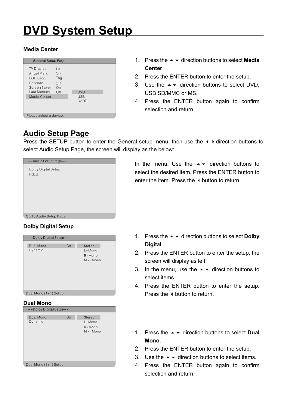 Dvd system setup, Audio setup page | Audiovox FPE2006DV User Manual | Page 36 / 44