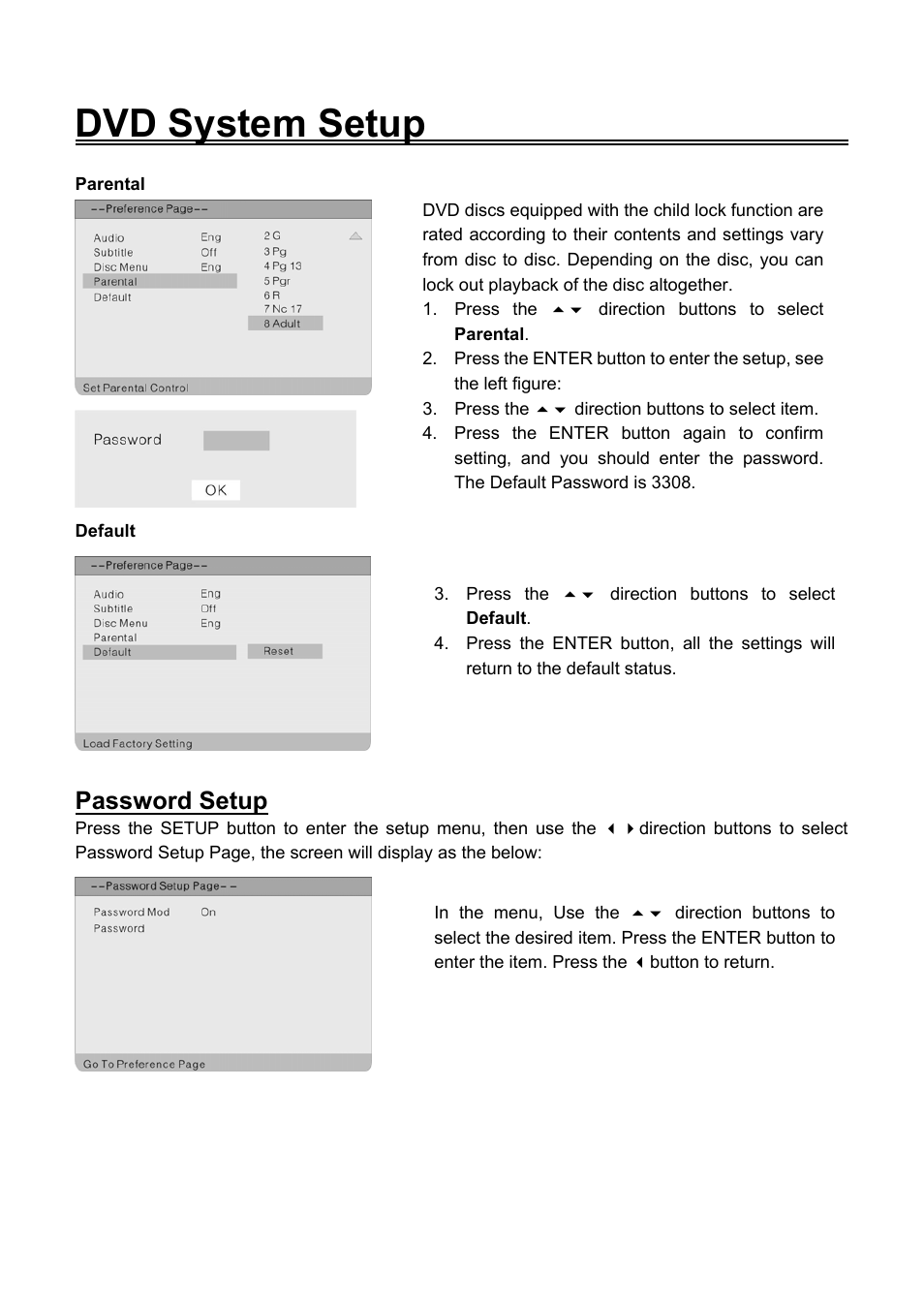 Dvd system setup, Password setup | Audiovox FPE2006DV User Manual | Page 40 / 44