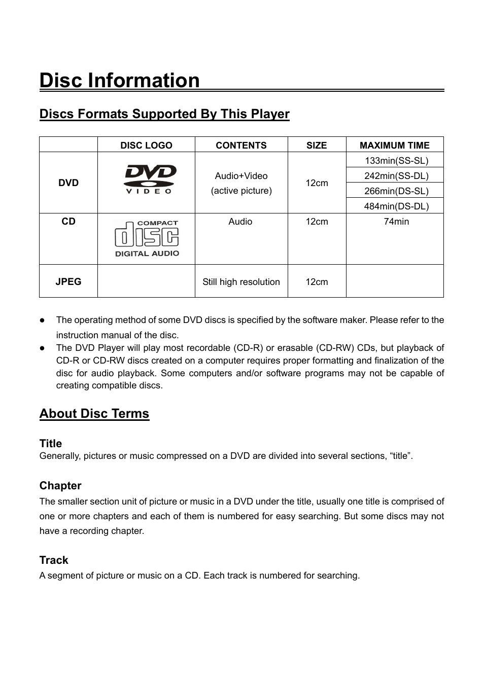 Disc information, Discs formats supported by this player, About disc terms | Audiovox FPE2006DV User Manual | Page 6 / 44