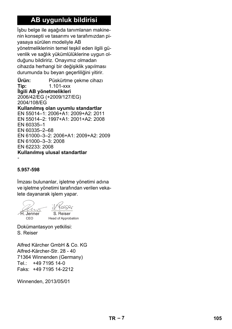 Ab uygunluk bildirisi | Karcher Puzzi 400 K User Manual | Page 105 / 192