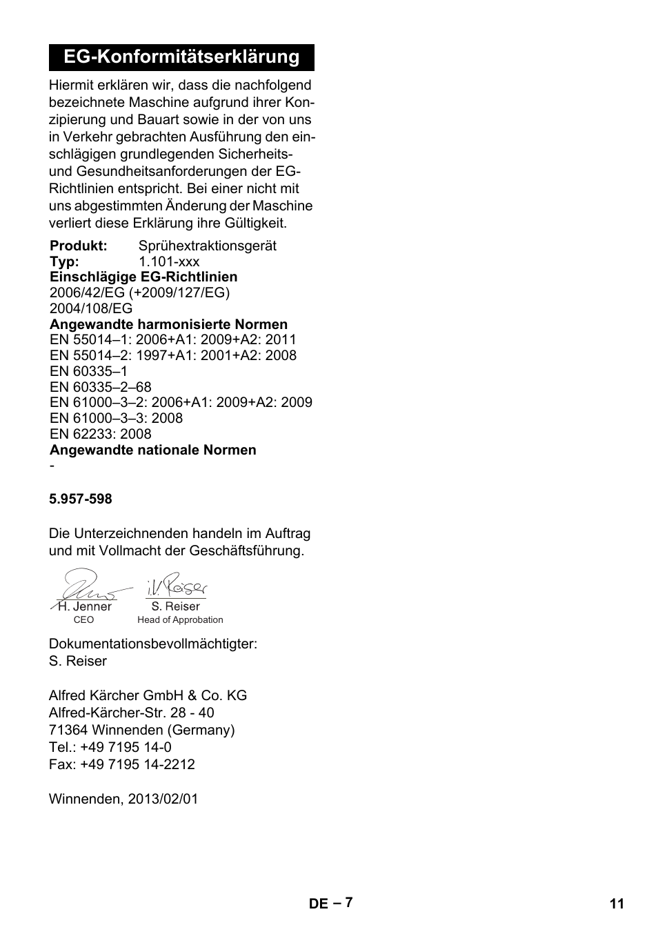 Eg-konformitätserklärung | Karcher Puzzi 400 K User Manual | Page 11 / 192