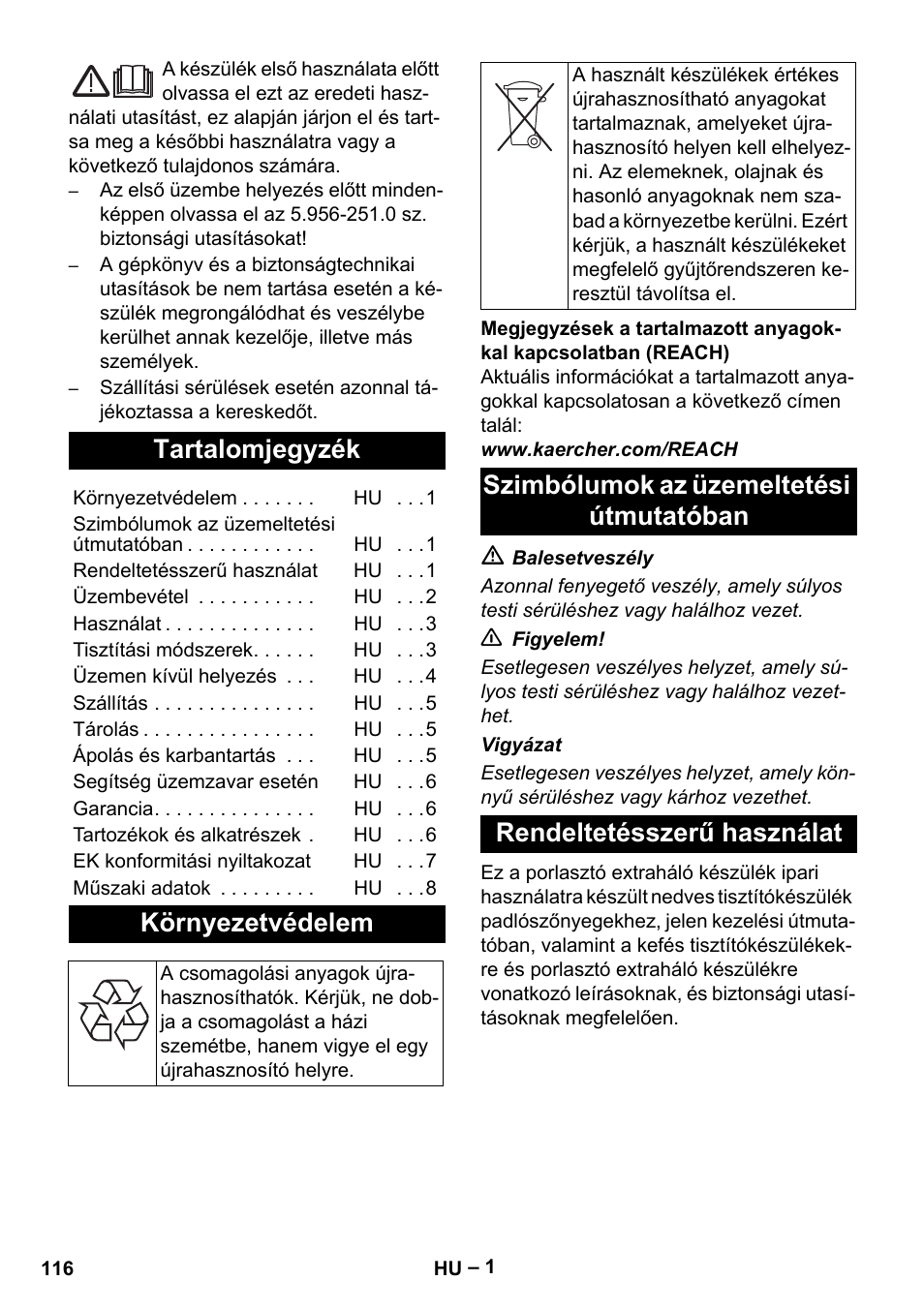 Magyar, Tartalomjegyzék, Környezetvédelem | Szimbólumok az üzemeltetési útmutatóban, Rendeltetésszerű használat | Karcher Puzzi 400 K User Manual | Page 116 / 192