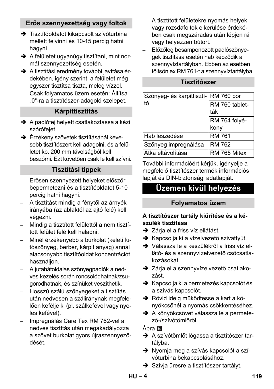 Erős szennyezettség vagy foltok, Kárpittisztítás, Tisztítási tippek | Tisztítószer, Üzemen kívül helyezés, Folyamatos üzem | Karcher Puzzi 400 K User Manual | Page 119 / 192