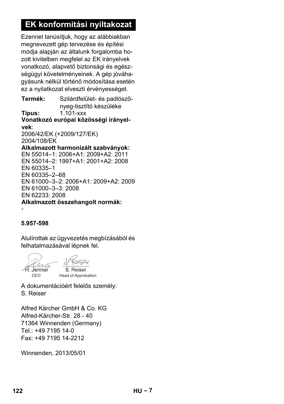 Ek konformitási nyiltakozat | Karcher Puzzi 400 K User Manual | Page 122 / 192