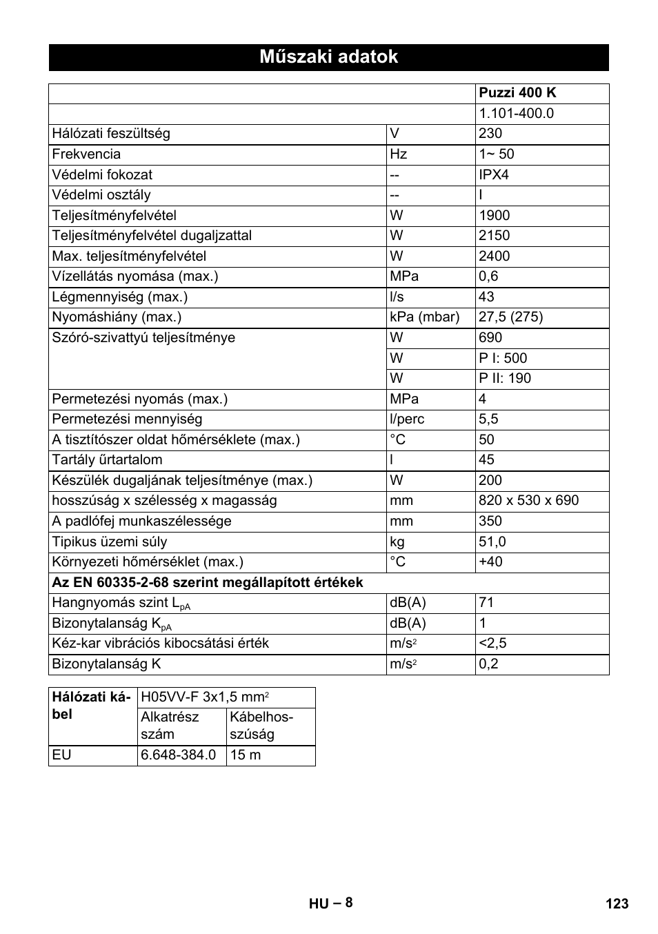 Műszaki adatok | Karcher Puzzi 400 K User Manual | Page 123 / 192