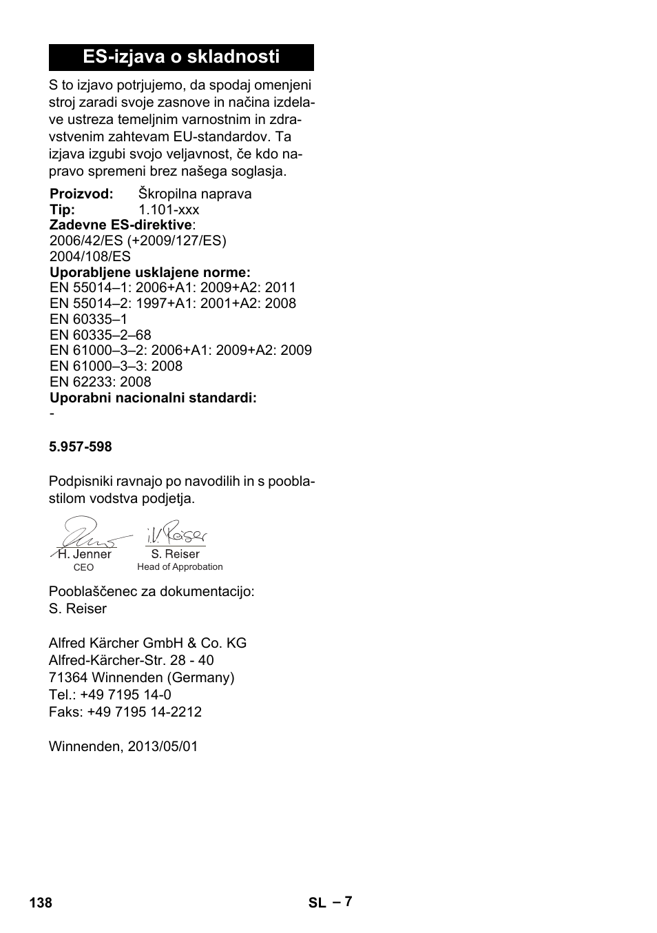 Es-izjava o skladnosti | Karcher Puzzi 400 K User Manual | Page 138 / 192