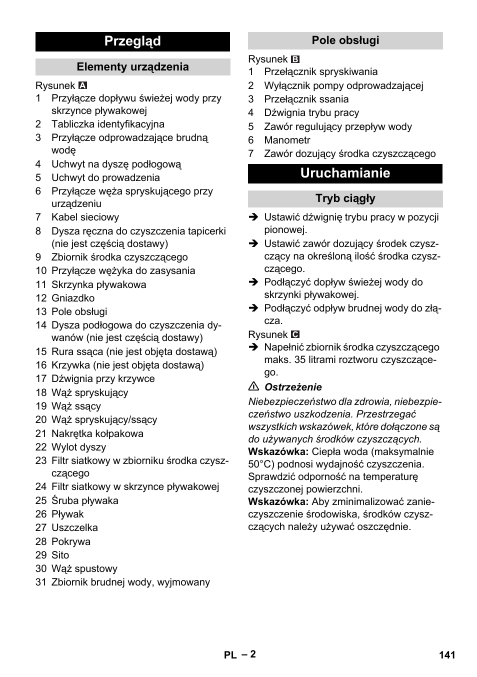 Przegląd, Elementy urządzenia, Pole obsługi | Uruchamianie, Tryb ciągły | Karcher Puzzi 400 K User Manual | Page 141 / 192