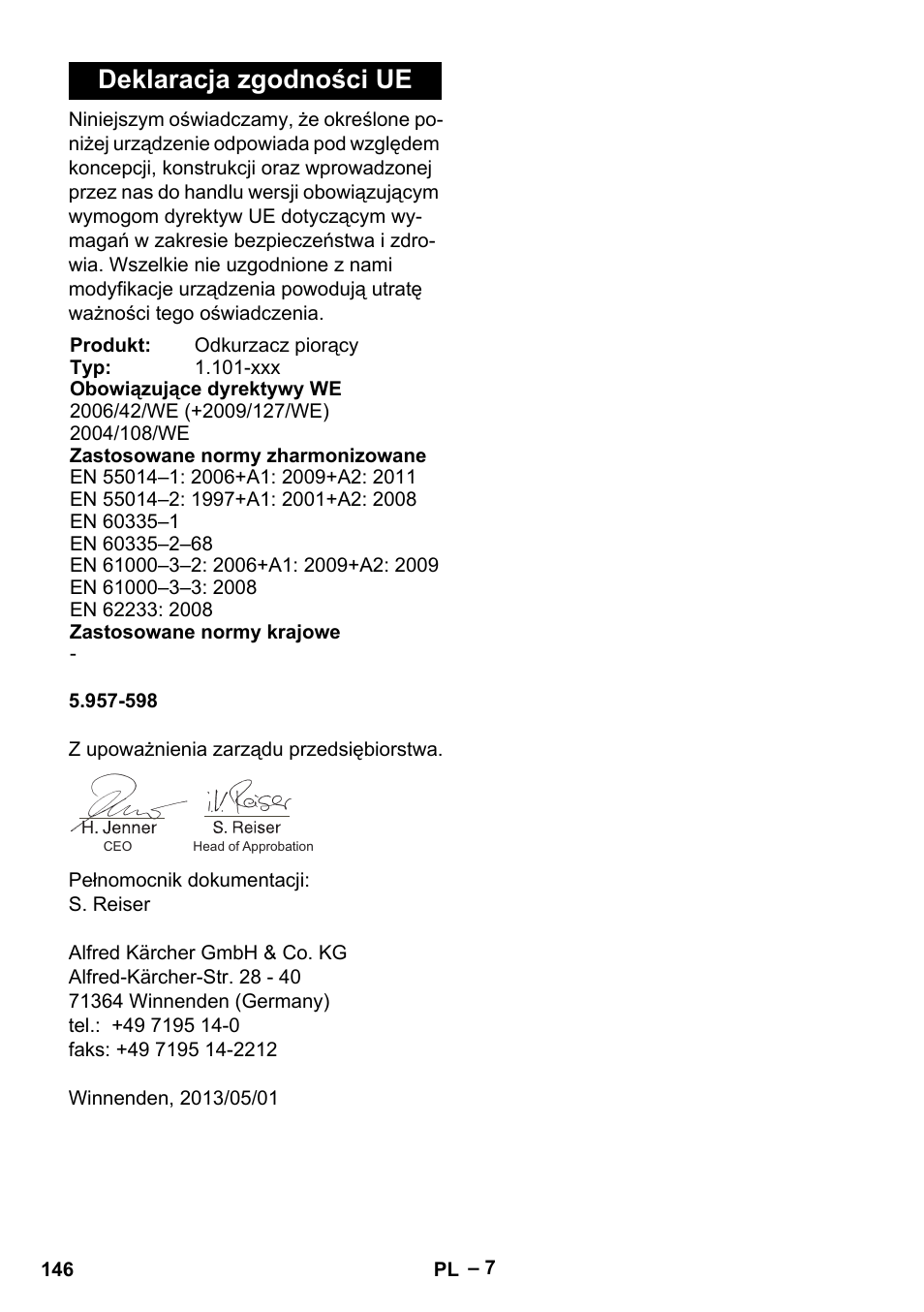 Deklaracja zgodności ue | Karcher Puzzi 400 K User Manual | Page 146 / 192