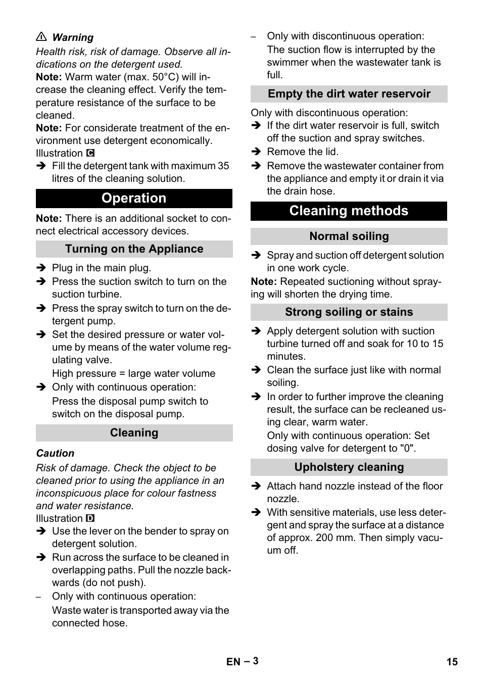 Operation, Turning on the appliance, Cleaning | Empty the dirt water reservoir, Cleaning methods, Normal soiling, Strong soiling or stains, Upholstery cleaning | Karcher Puzzi 400 K User Manual | Page 15 / 192