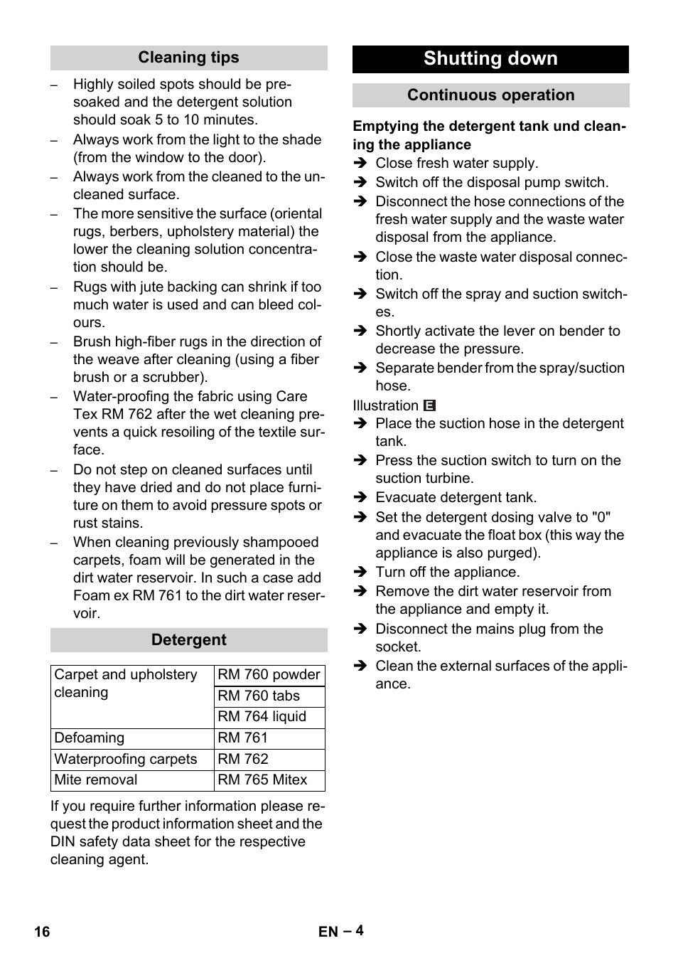 Cleaning tips, Detergent, Shutting down | Continuous operation | Karcher Puzzi 400 K User Manual | Page 16 / 192