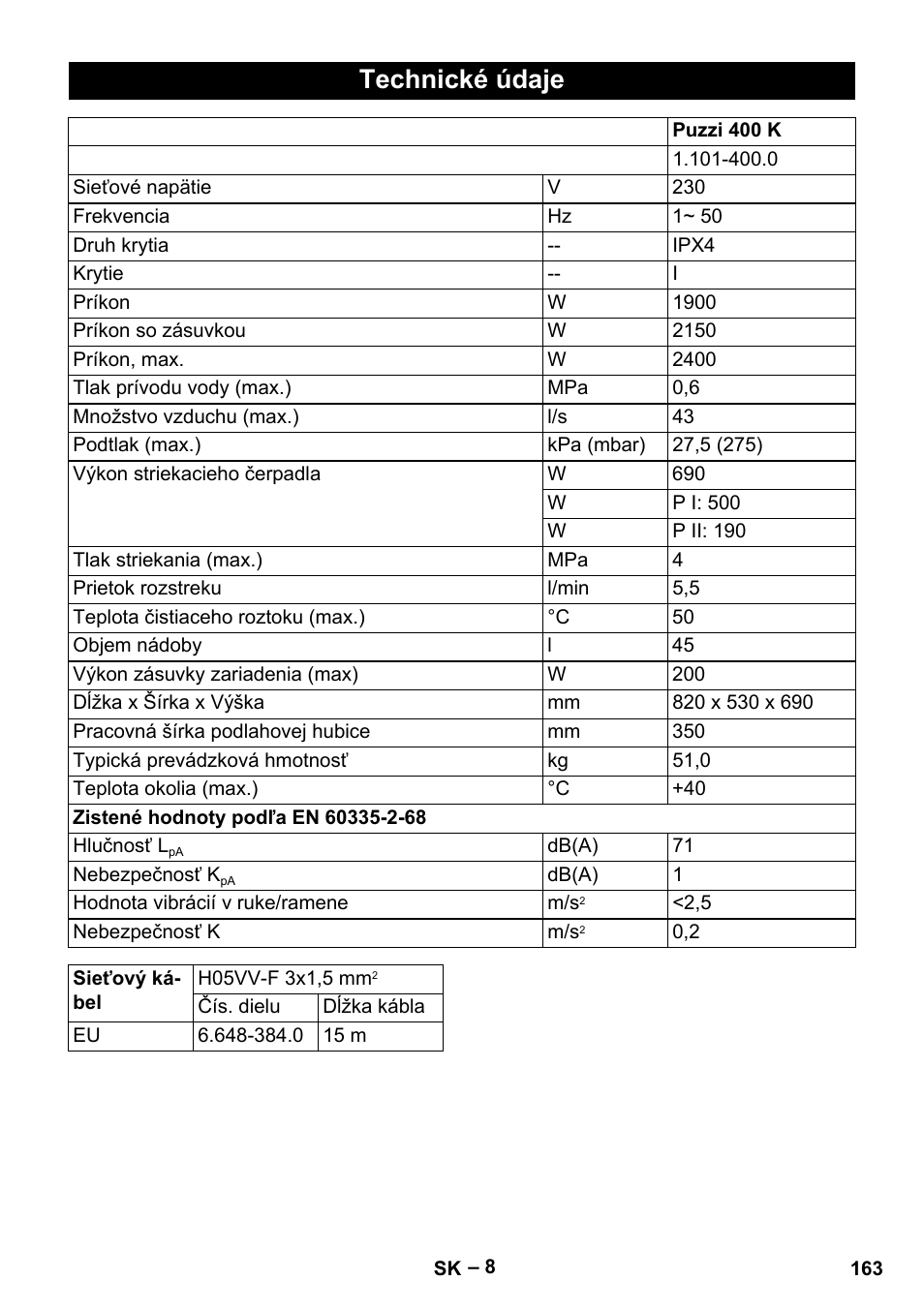 Technické údaje | Karcher Puzzi 400 K User Manual | Page 163 / 192