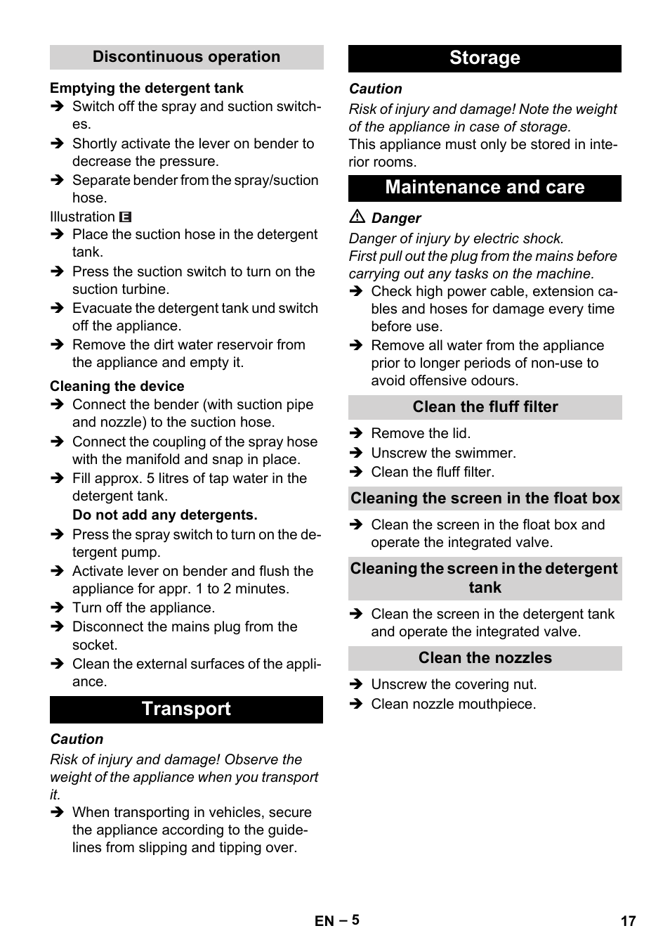 Discontinuous operation, Emptying the detergent tank, Cleaning the device | Transport, Storage, Maintenance and care, Clean the fluff filter, Cleaning the screen in the float box, Cleaning the screen in the detergent tank, Clean the nozzles | Karcher Puzzi 400 K User Manual | Page 17 / 192