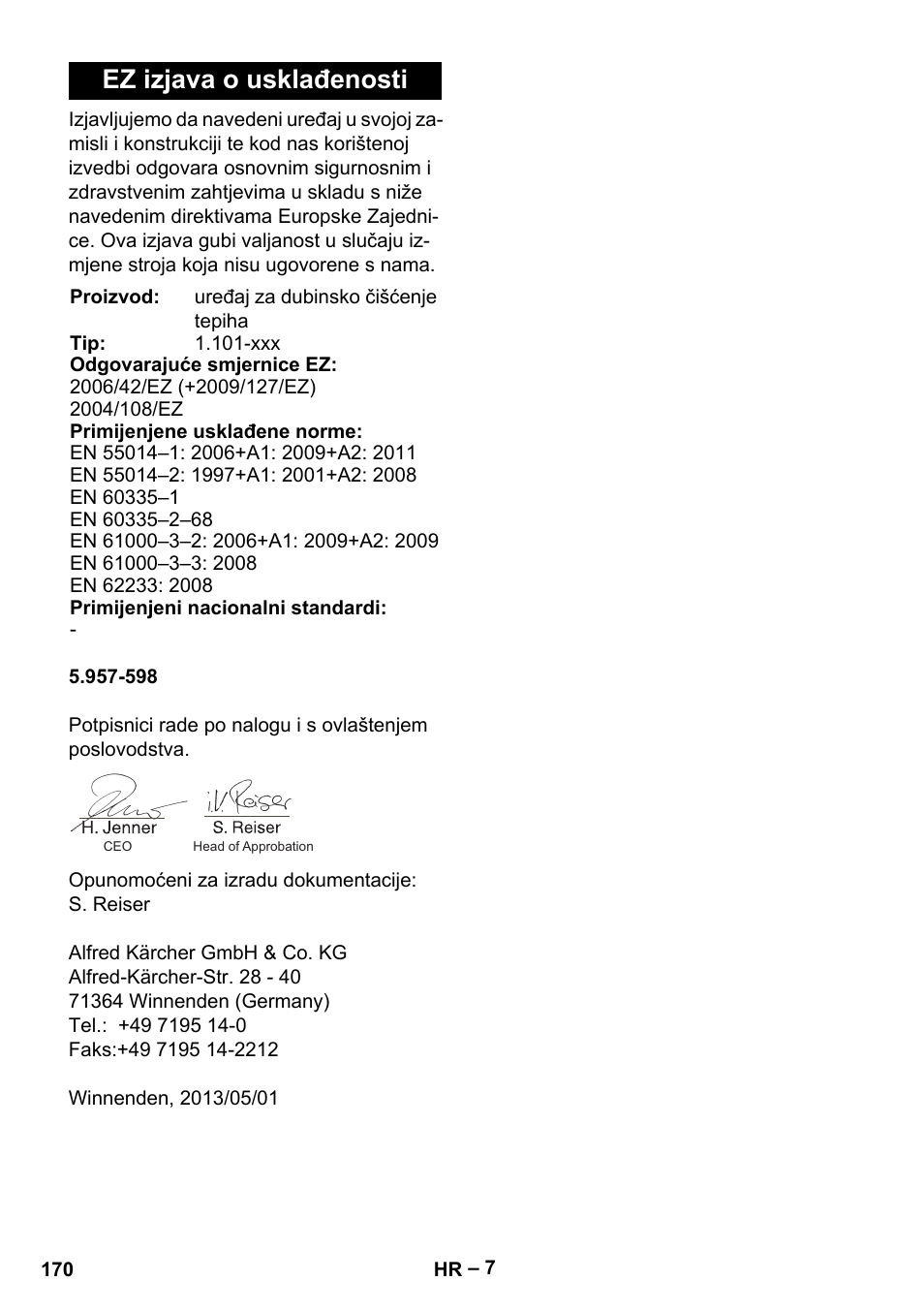 Ez izjava o usklađenosti | Karcher Puzzi 400 K User Manual | Page 170 / 192