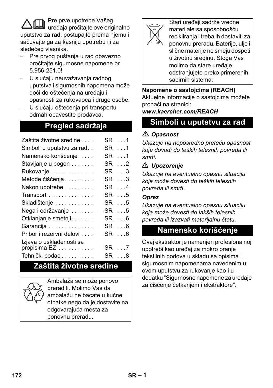 Srpski, Pregled sadržaja, Zaštita životne sredine | Simboli u uputstvu za rad, Namensko korišćenje, Simboli u uputstvu za rad namensko korišćenje | Karcher Puzzi 400 K User Manual | Page 172 / 192
