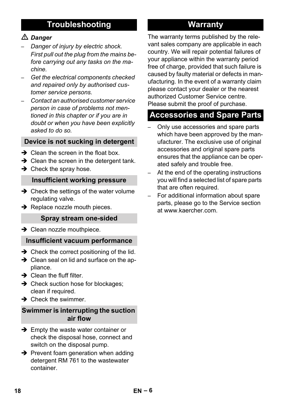 Troubleshooting, Device is not sucking in detergent, Insufficient working pressure | Spray stream one-sided, Insufficient vacuum performance, Swimmer is interrupting the suction air flow, Warranty, Accessories and spare parts, Warranty accessories and spare parts | Karcher Puzzi 400 K User Manual | Page 18 / 192