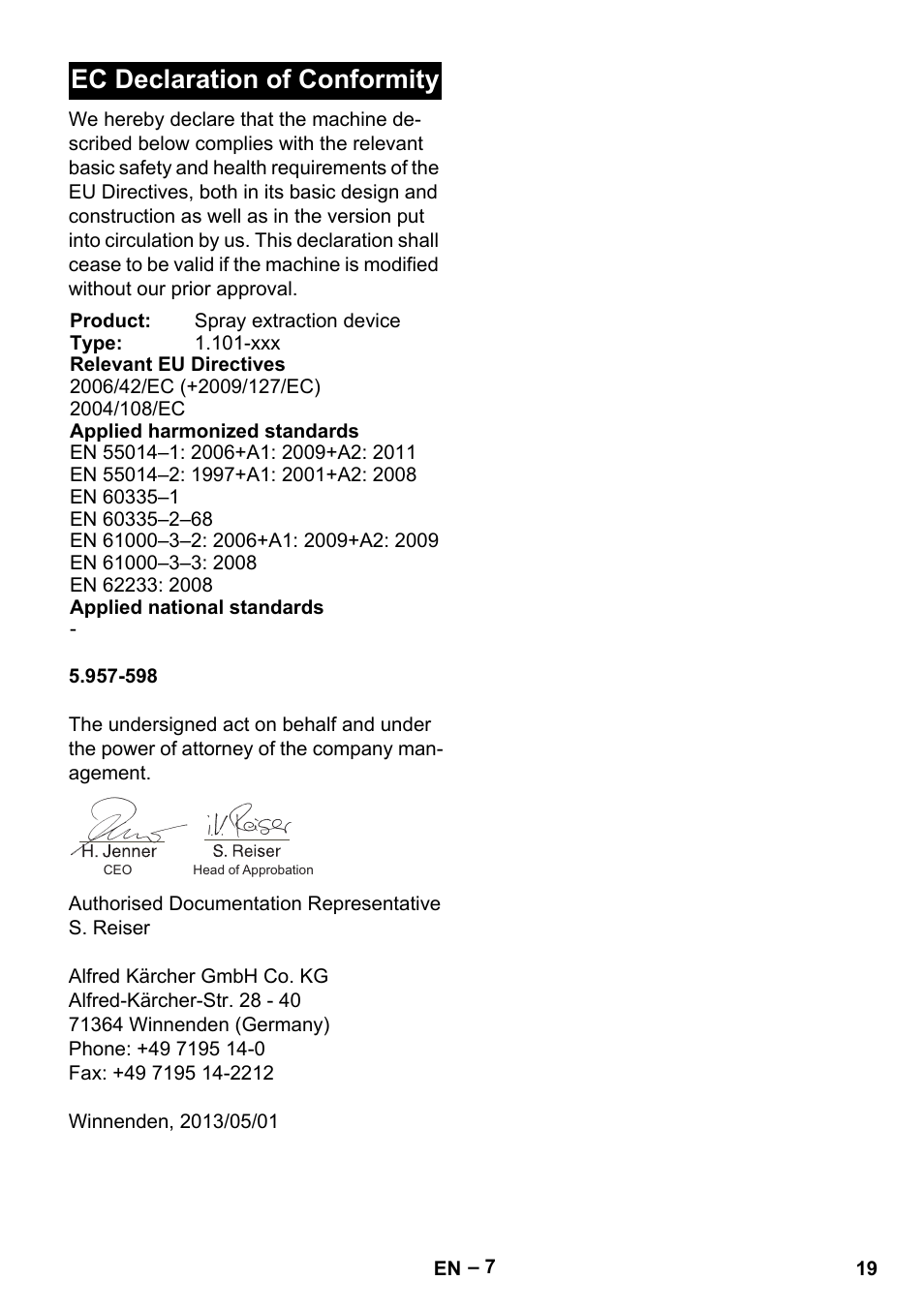 Ec declaration of conformity | Karcher Puzzi 400 K User Manual | Page 19 / 192