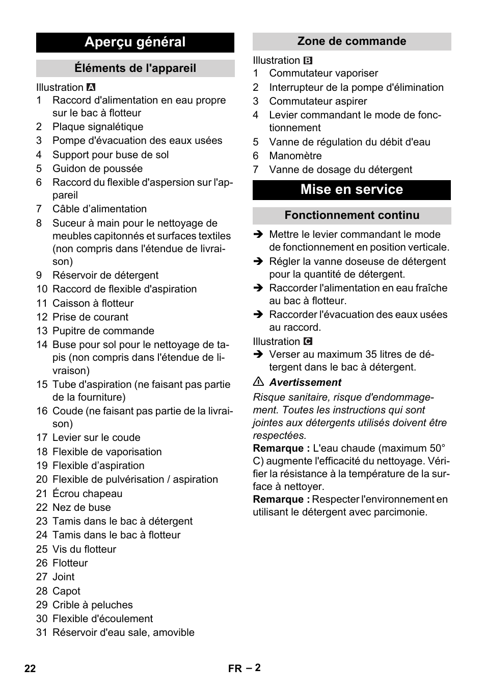 Aperçu général, Éléments de l'appareil, Zone de commande | Mise en service, Fonctionnement continu | Karcher Puzzi 400 K User Manual | Page 22 / 192