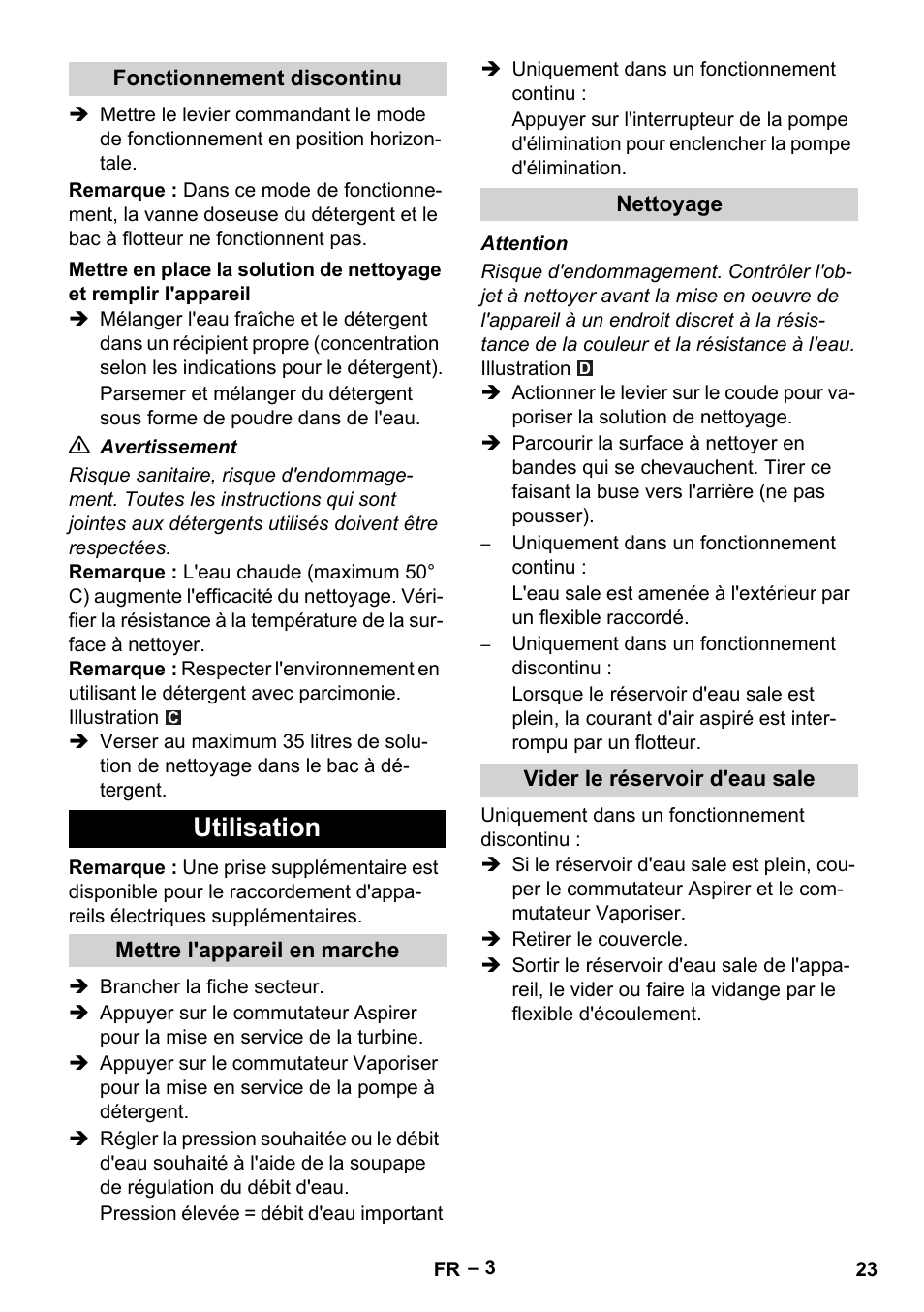 Fonctionnement discontinu, Utilisation, Mettre l'appareil en marche | Nettoyage, Vider le réservoir d'eau sale | Karcher Puzzi 400 K User Manual | Page 23 / 192