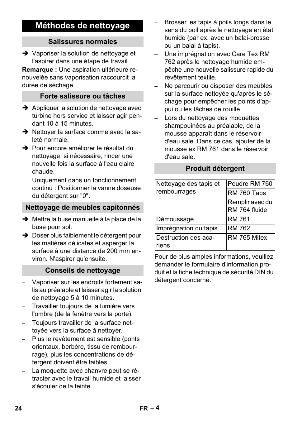 Méthodes de nettoyage, Salissures normales, Forte salissure ou tâches | Nettoyage de meubles capitonnés, Conseils de nettoyage, Produit détergent | Karcher Puzzi 400 K User Manual | Page 24 / 192