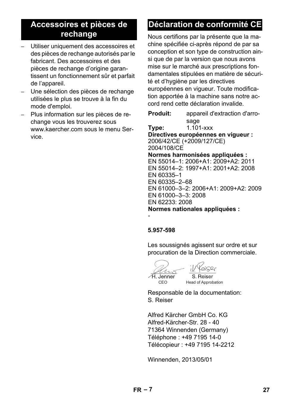 Accessoires et pièces de rechange, Déclaration de conformité ce | Karcher Puzzi 400 K User Manual | Page 27 / 192