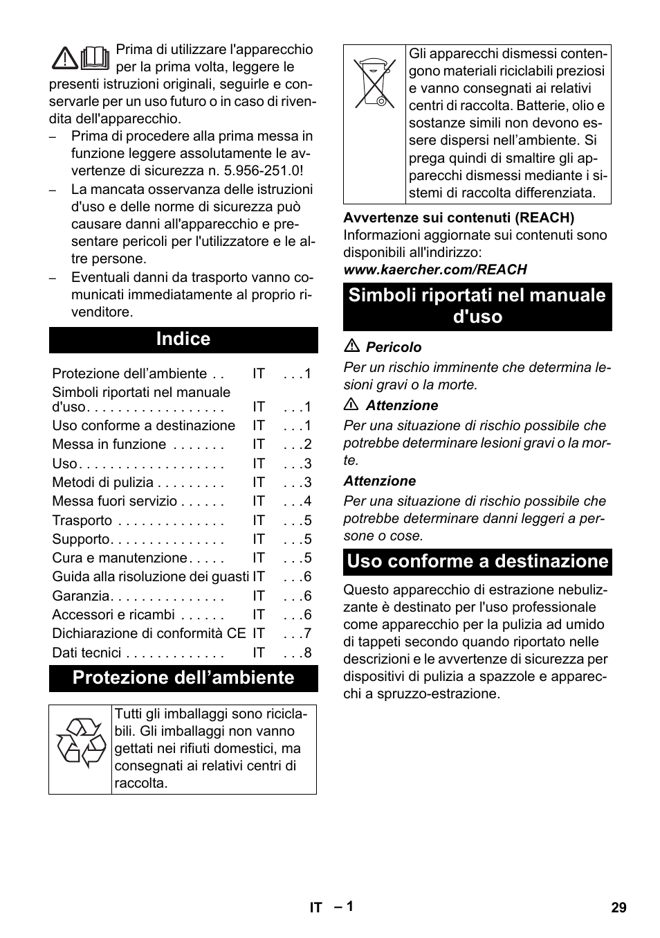 Italiano, Indice, Protezione dell’ambiente | Simboli riportati nel manuale d'uso, Uso conforme a destinazione | Karcher Puzzi 400 K User Manual | Page 29 / 192