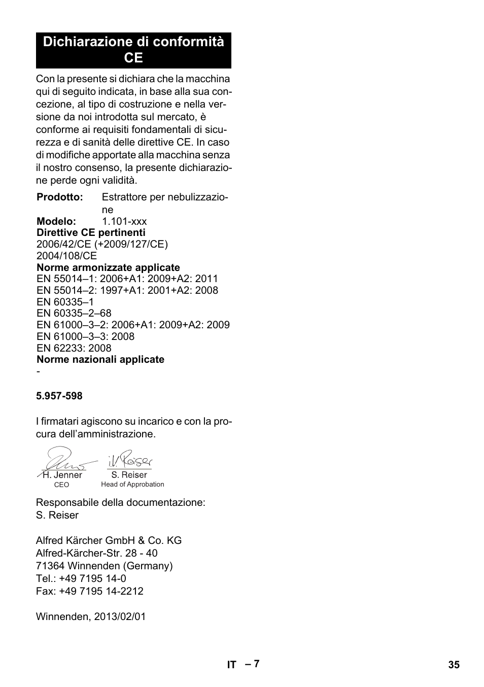 Dichiarazione di conformità ce | Karcher Puzzi 400 K User Manual | Page 35 / 192