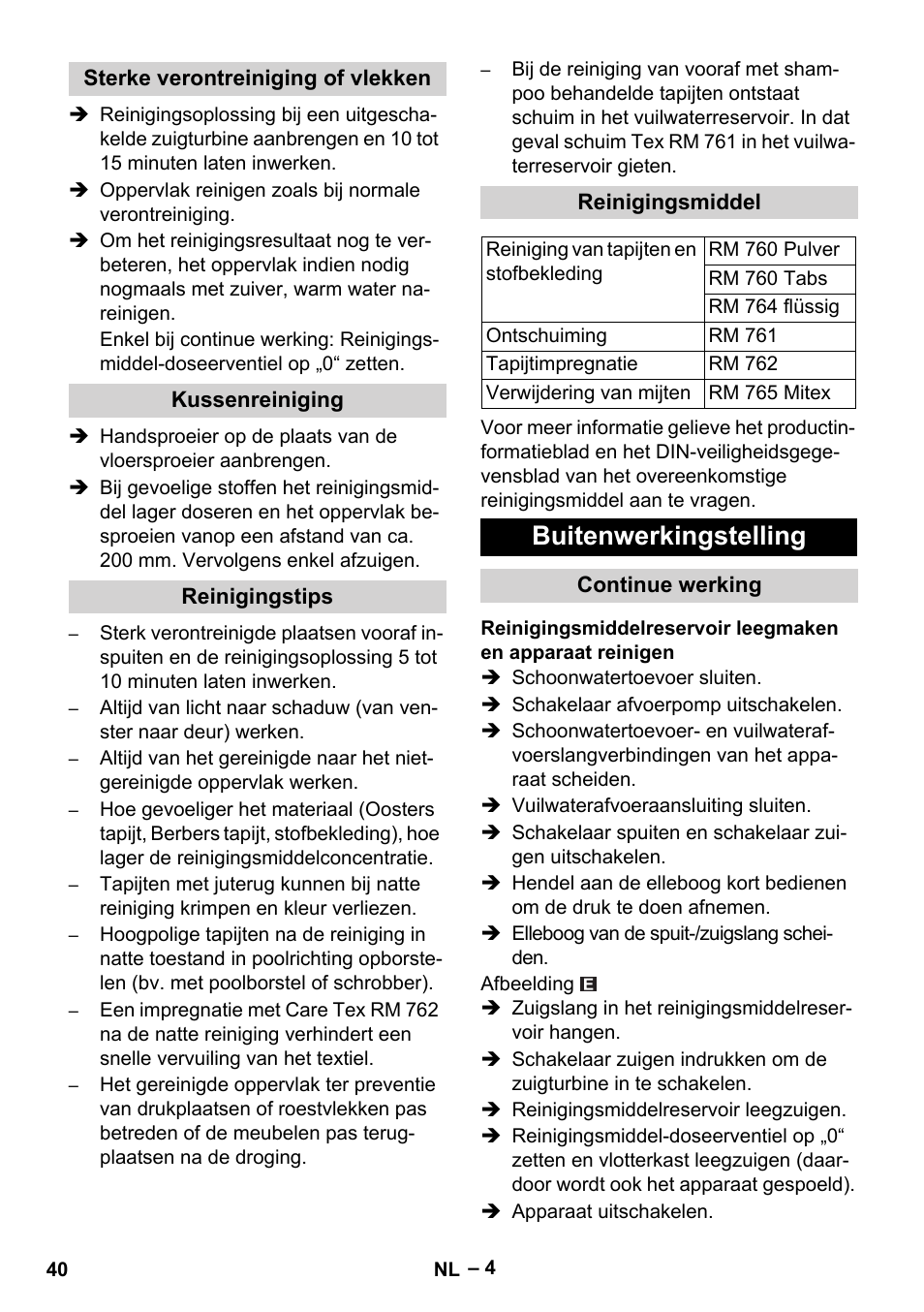 Sterke verontreiniging of vlekken, Kussenreiniging, Reinigingstips | Reinigingsmiddel, Buitenwerkingstelling, Continue werking | Karcher Puzzi 400 K User Manual | Page 40 / 192