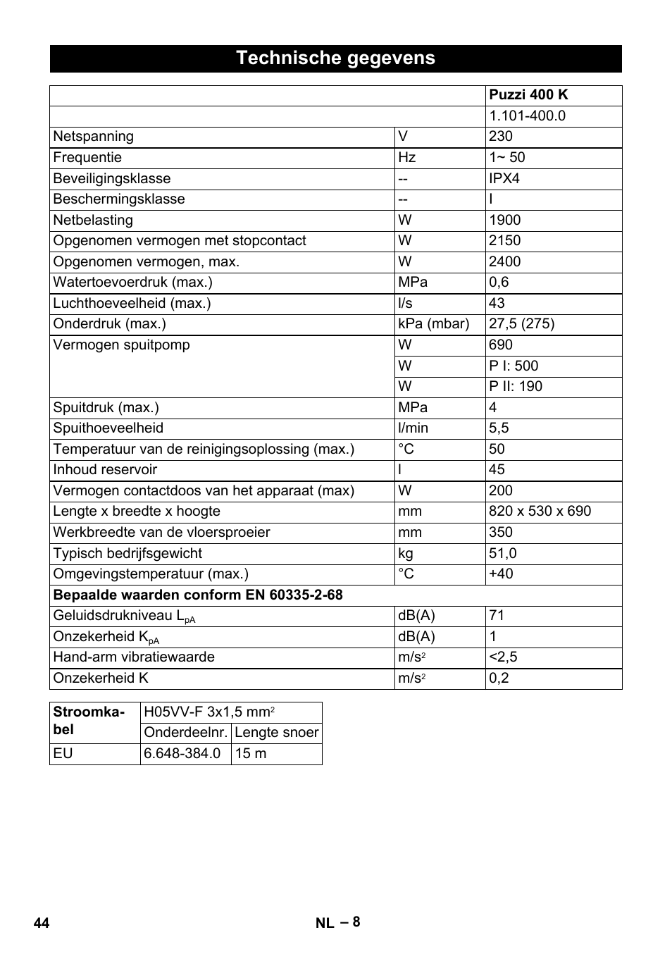 Technische gegevens | Karcher Puzzi 400 K User Manual | Page 44 / 192