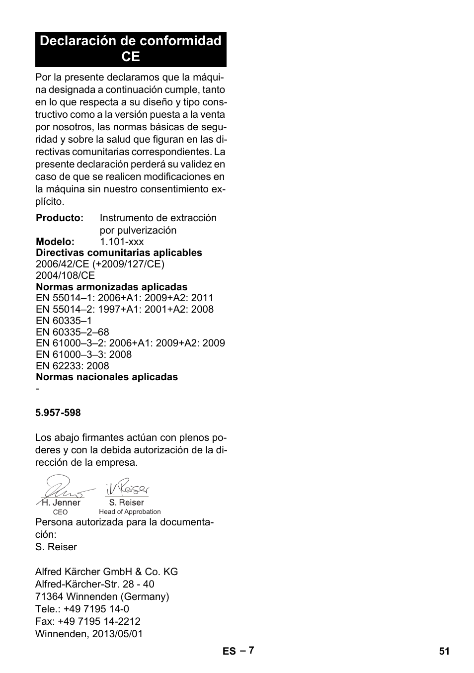 Declaración de conformidad ce | Karcher Puzzi 400 K User Manual | Page 51 / 192