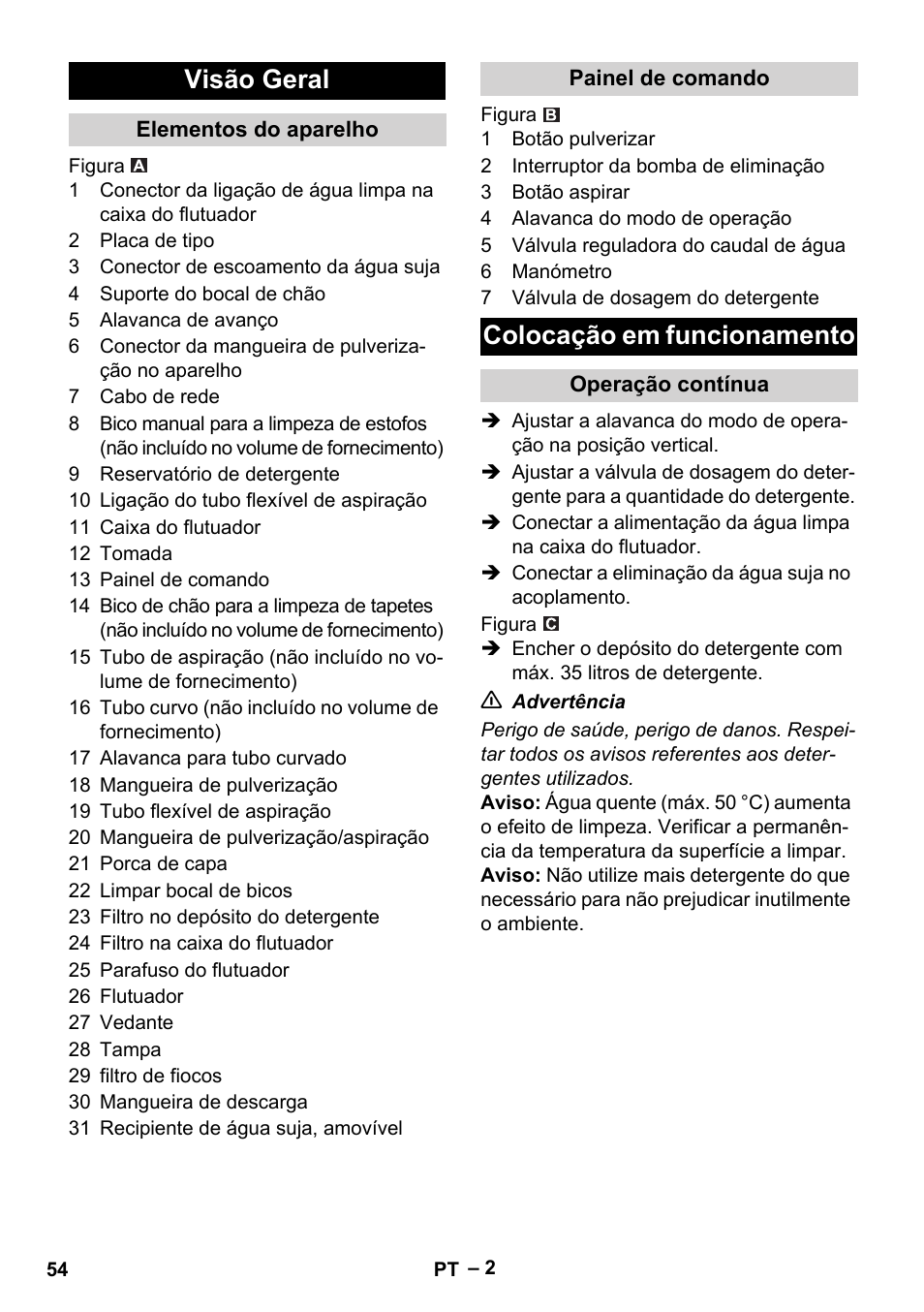 Visão geral, Elementos do aparelho, Painel de comando | Colocação em funcionamento, Operação contínua | Karcher Puzzi 400 K User Manual | Page 54 / 192