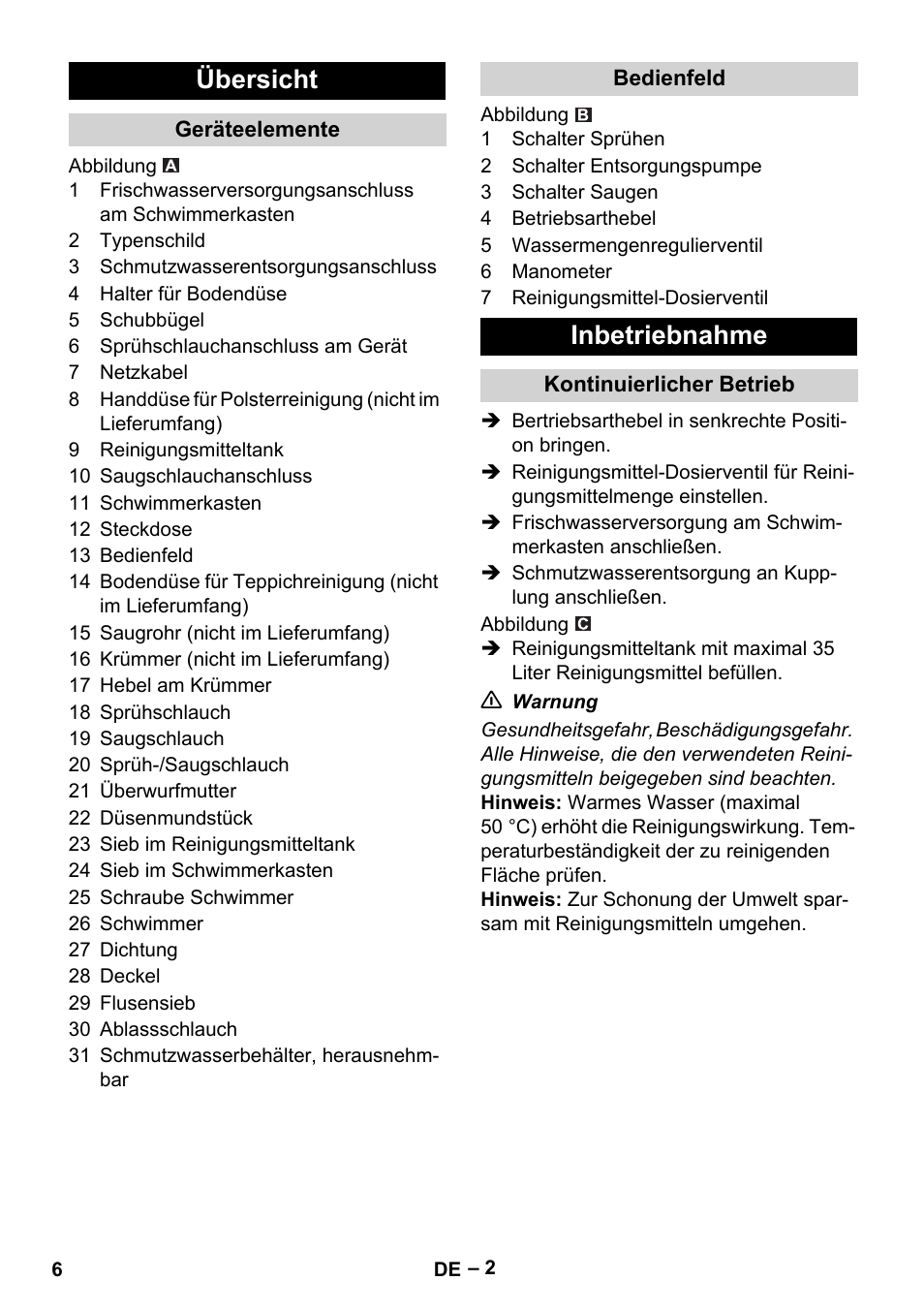 Übersicht, Geräteelemente, Bedienfeld | Inbetriebnahme, Kontinuierlicher betrieb | Karcher Puzzi 400 K User Manual | Page 6 / 192