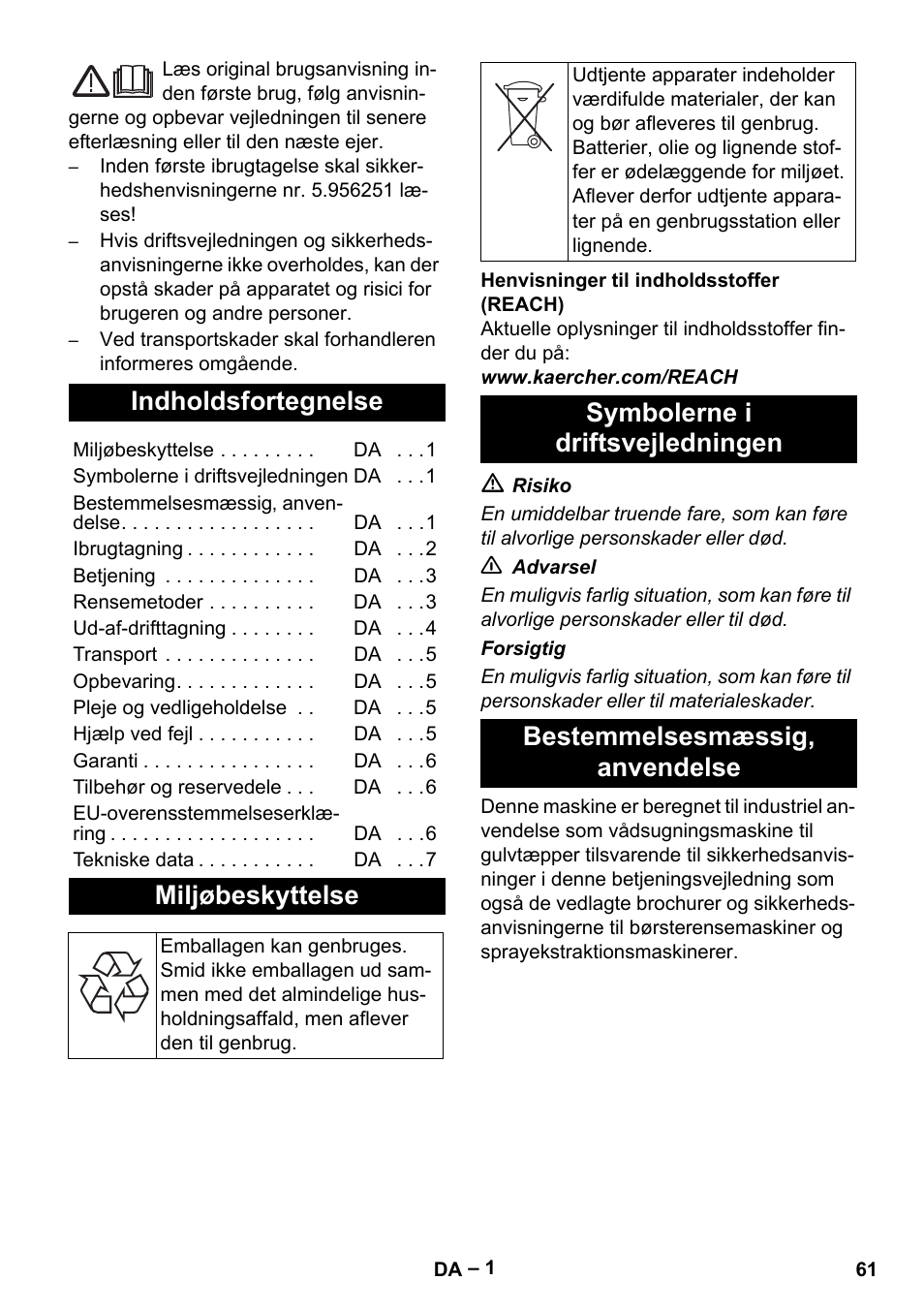 Dansk, Indholdsfortegnelse, Miljøbeskyttelse | Symbolerne i driftsvejledningen, Bestemmelsesmæssig‚ anvendelse | Karcher Puzzi 400 K User Manual | Page 61 / 192